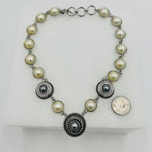 GS Signed Silver Tone Faux Pearl Rhinestone Statement Necklace 19"